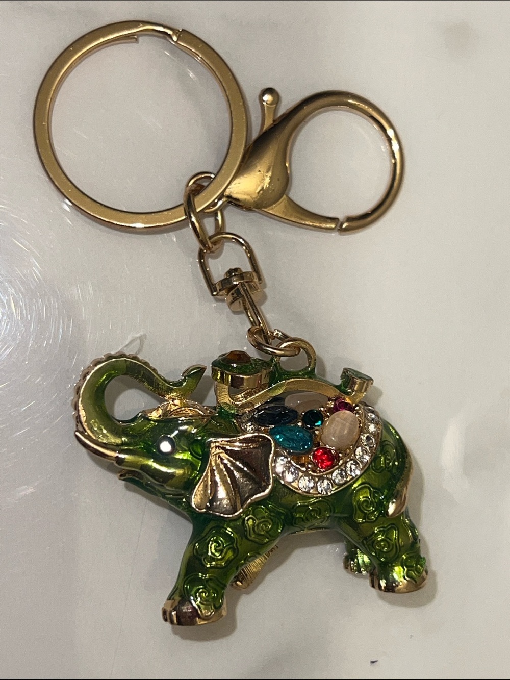 Gold Tone Elephant Bag Charm with Red and Green Enamel & Multicolor Gems - Picture 2 of 8